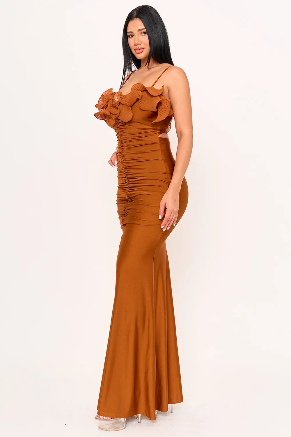Power Satin Maxi Dress With Pleated Ruffle & Adjustable Straps BOUTINIE