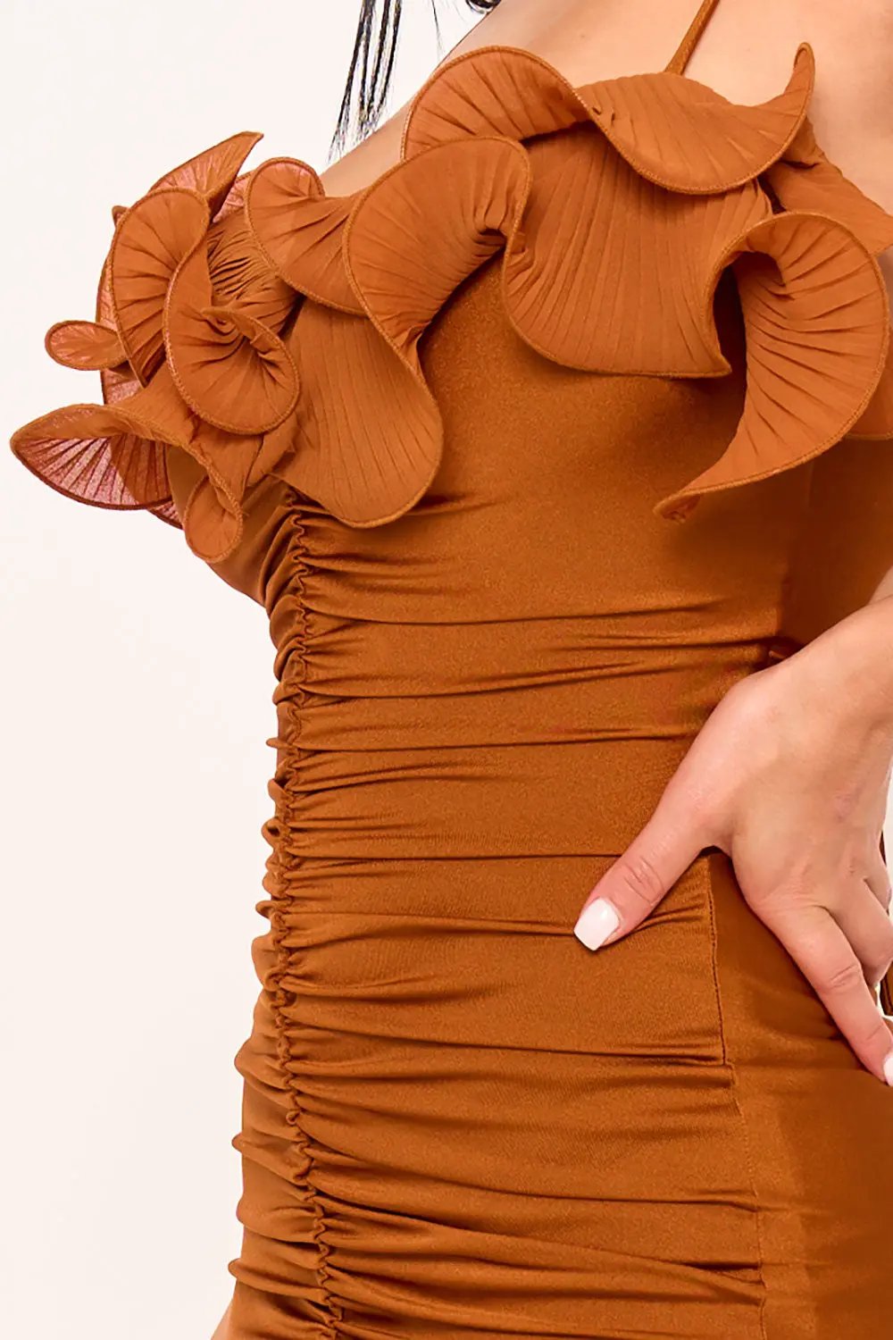 Power Satin Maxi Dress With Pleated Ruffle & Adjustable Straps BOUTINIE