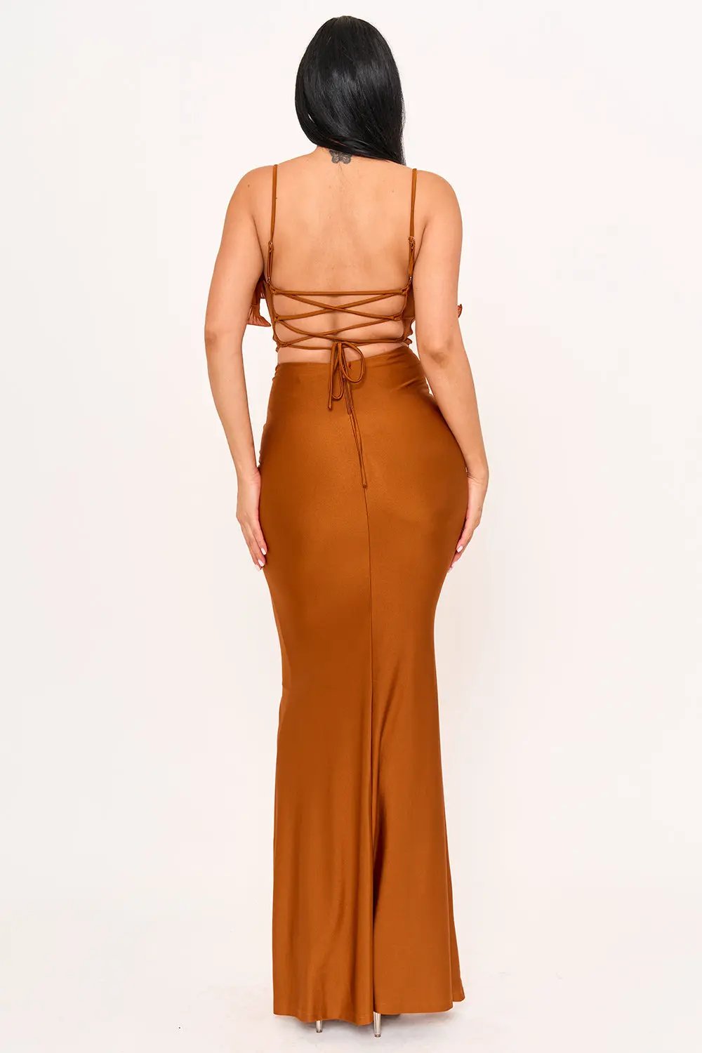 Power Satin Maxi Dress With Pleated Ruffle & Adjustable Straps BOUTINIE
