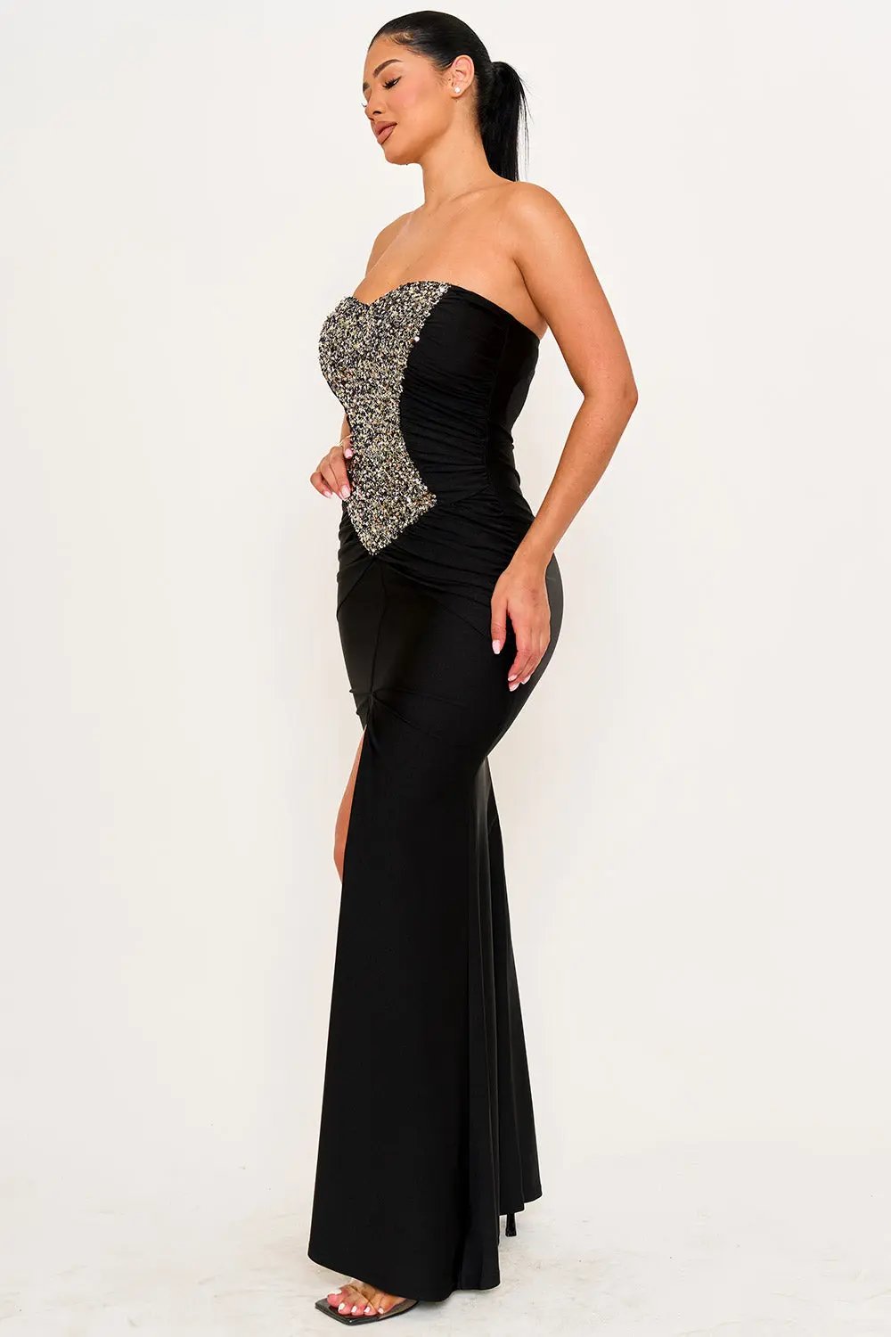 Sequin Satin Maxi Dress – Pleated Gown With Slit & Sweetheart Neckline BOUTINIE