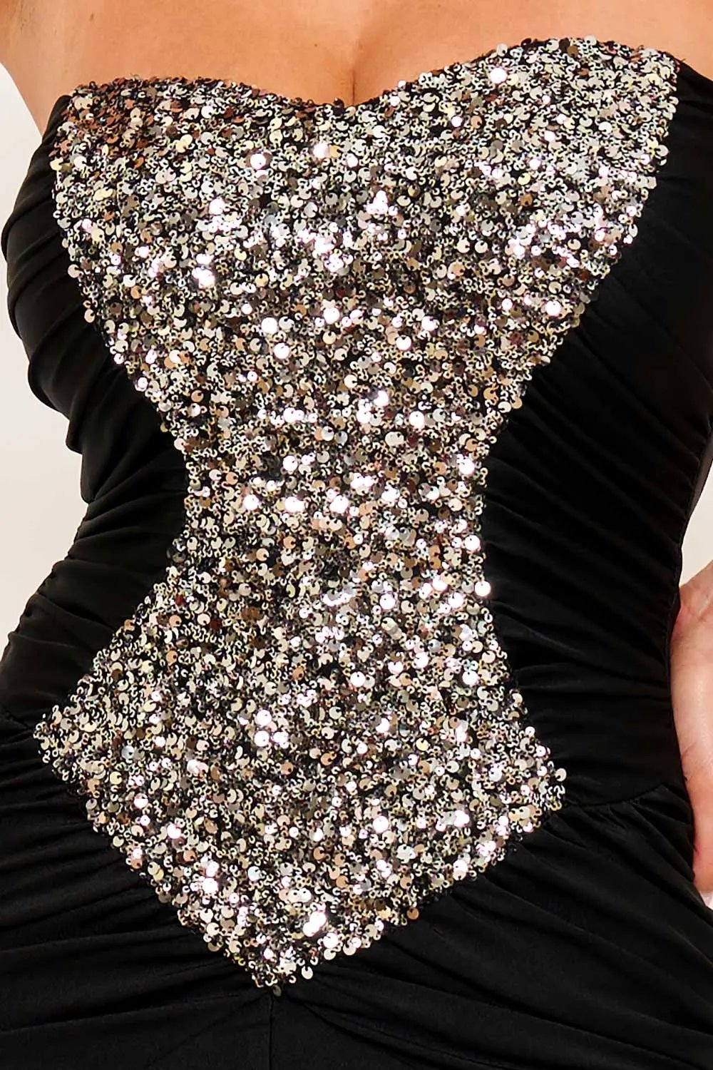 Sequin Satin Maxi Dress – Pleated Gown With Slit & Sweetheart Neckline BOUTINIE