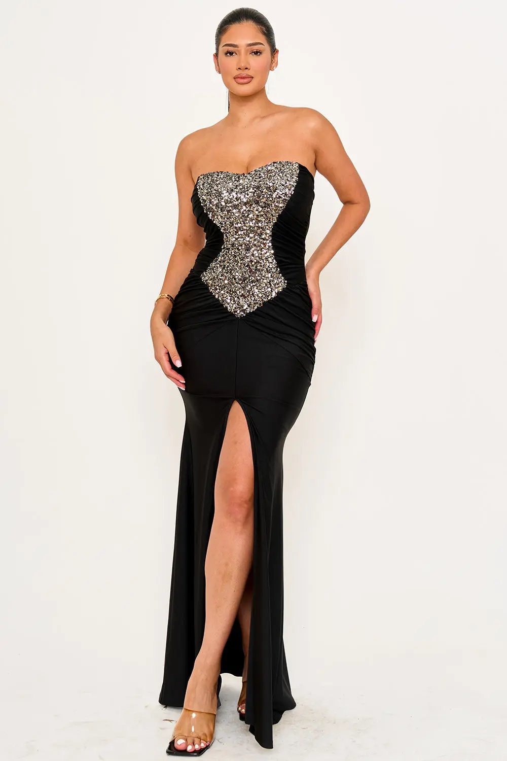 Sequin Satin Maxi Dress – Pleated Gown With Slit & Sweetheart Neckline BOUTINIE