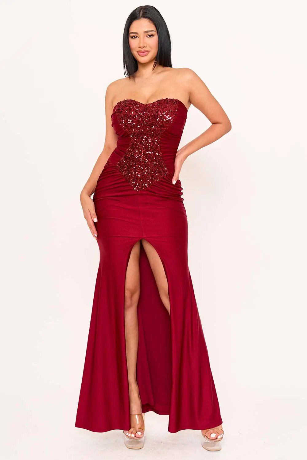 Sequin Satin Maxi Dress – Pleated Gown With Slit & Sweetheart Neckline BOUTINIE