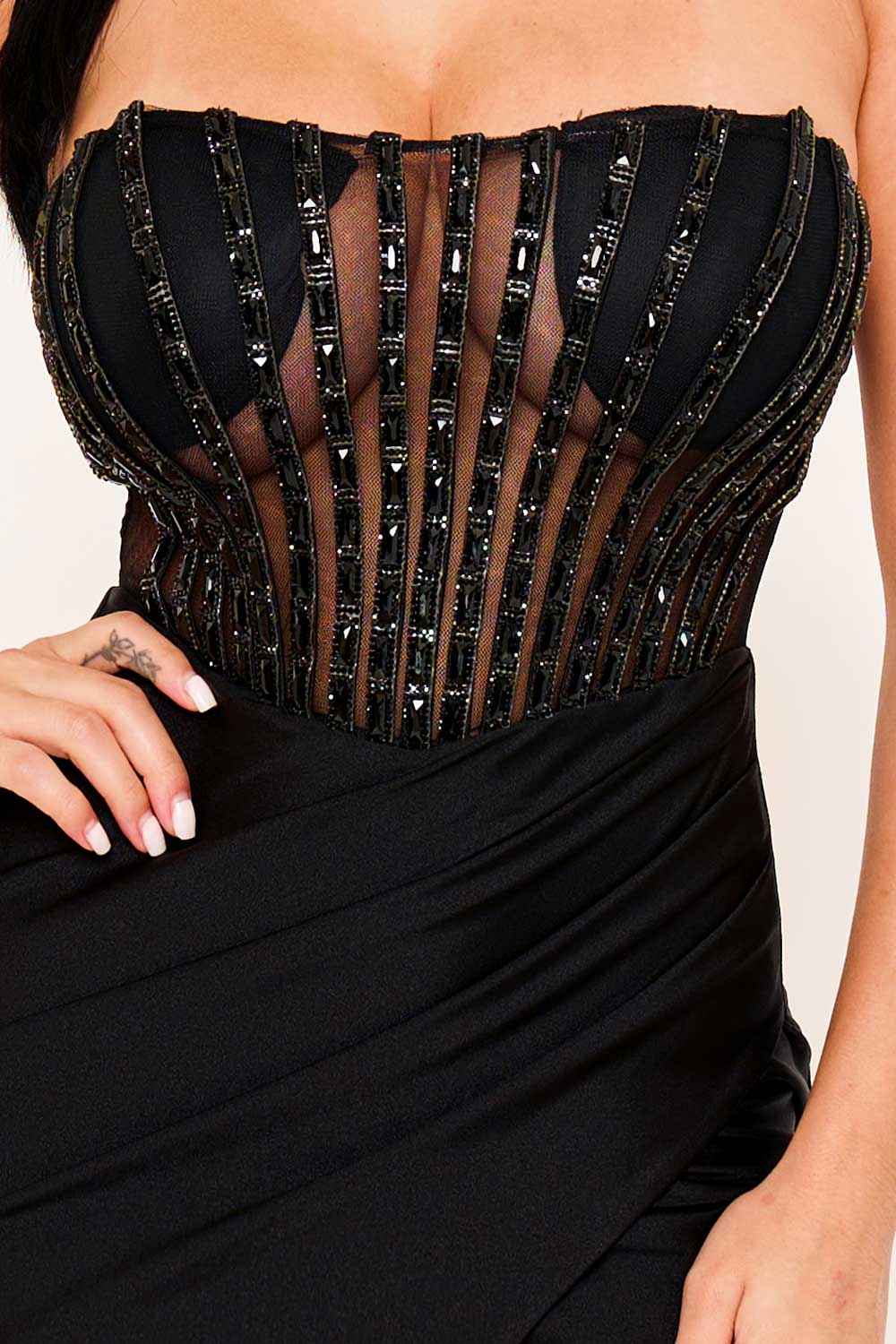 [open Packs] Vertical Rhinestone On Mesh  Bust Satin Maxi Dress