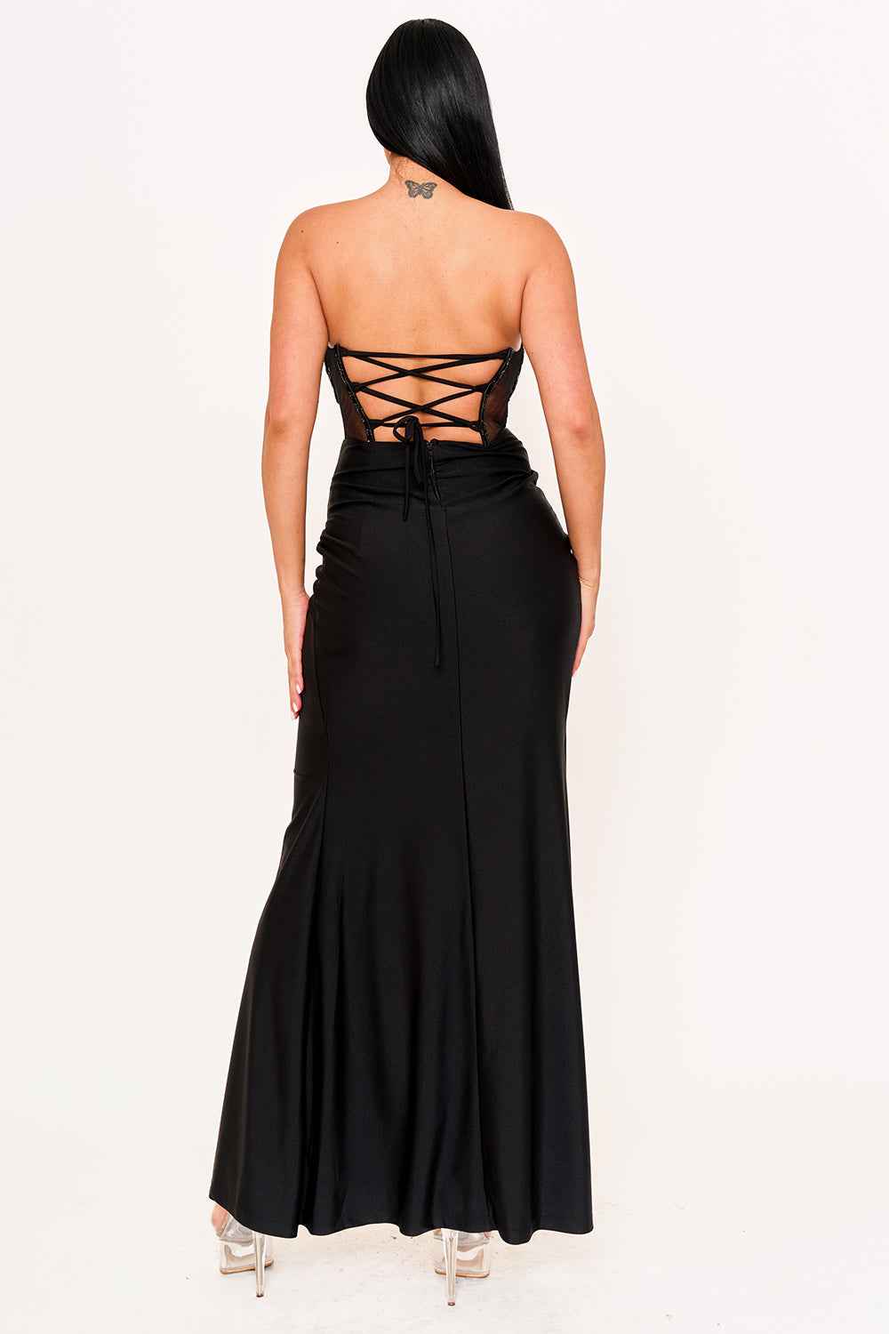 [open Packs] Vertical Rhinestone On Mesh  Bust Satin Maxi Dress