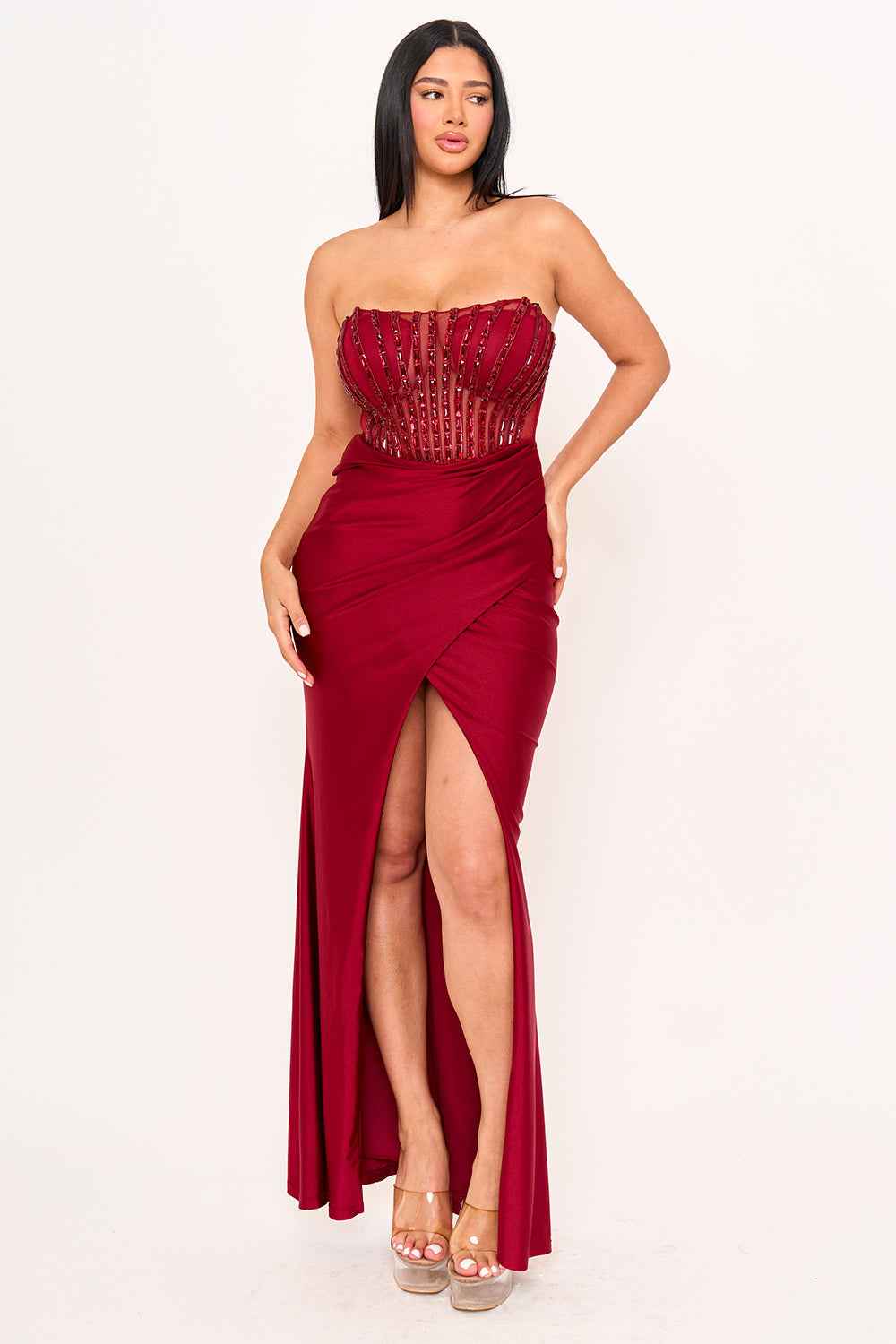 [open Packs] Vertical Rhinestone On Mesh  Bust Satin Maxi Dress