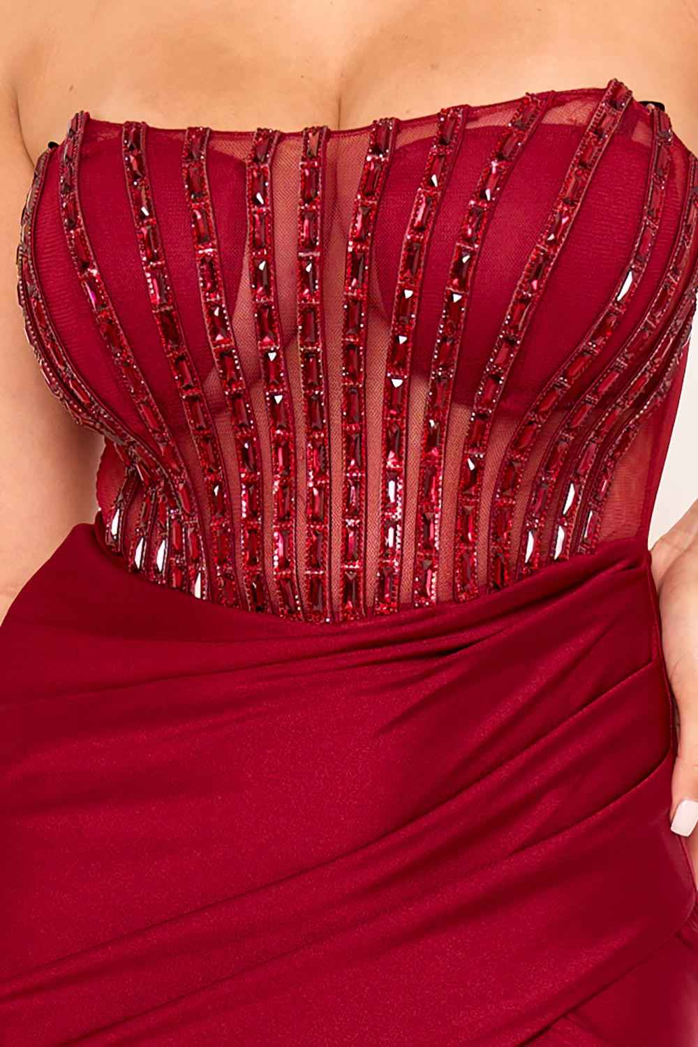 [open Packs] Vertical Rhinestone On Mesh  Bust Satin Maxi Dress