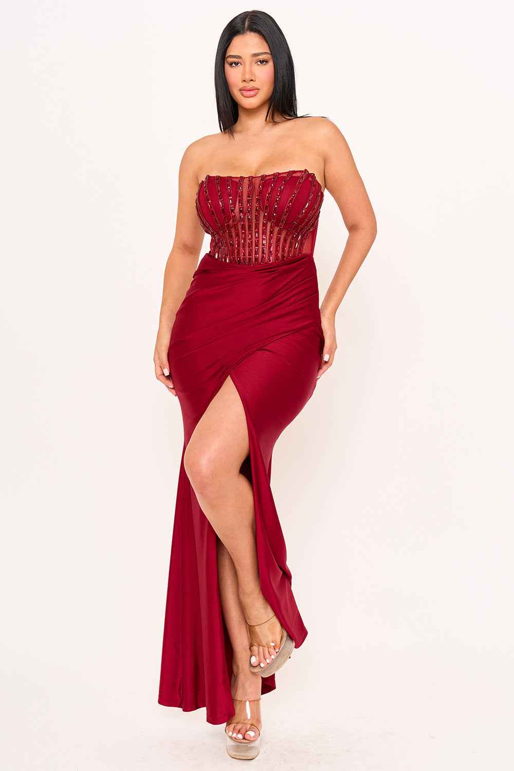 [open Packs] Vertical Rhinestone On Mesh  Bust Satin Maxi Dress