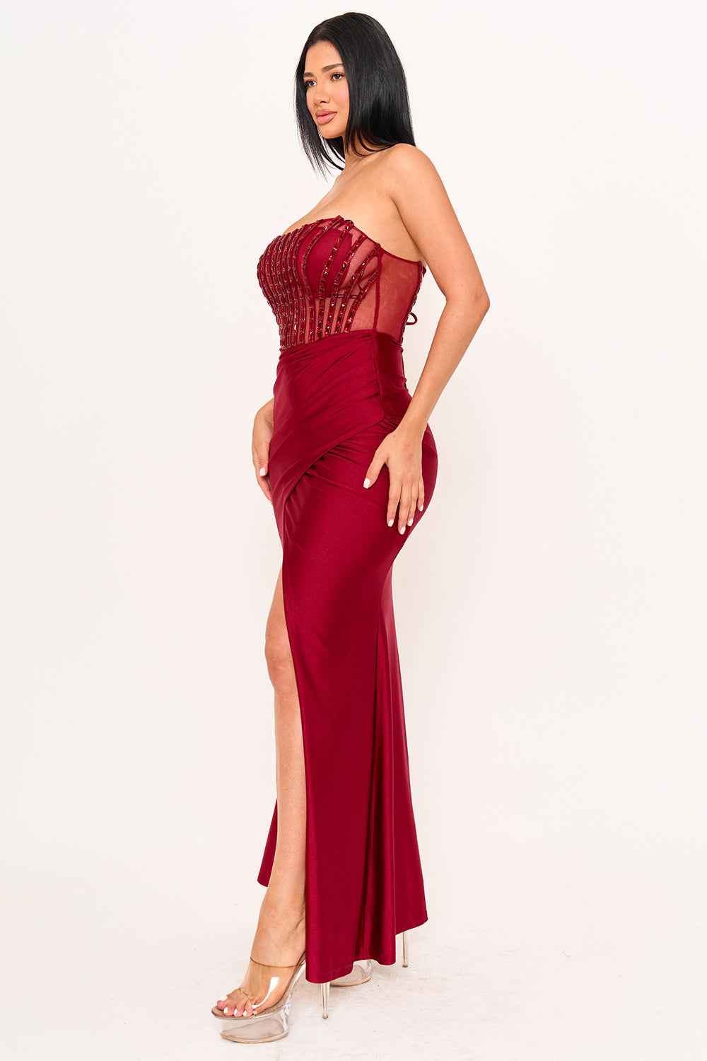 [open Packs] Vertical Rhinestone On Mesh  Bust Satin Maxi Dress