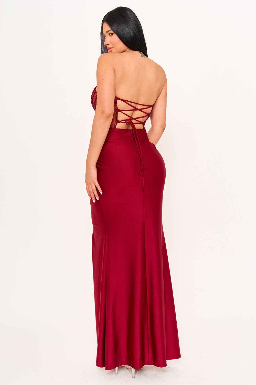 [open Packs] Vertical Rhinestone On Mesh  Bust Satin Maxi Dress
