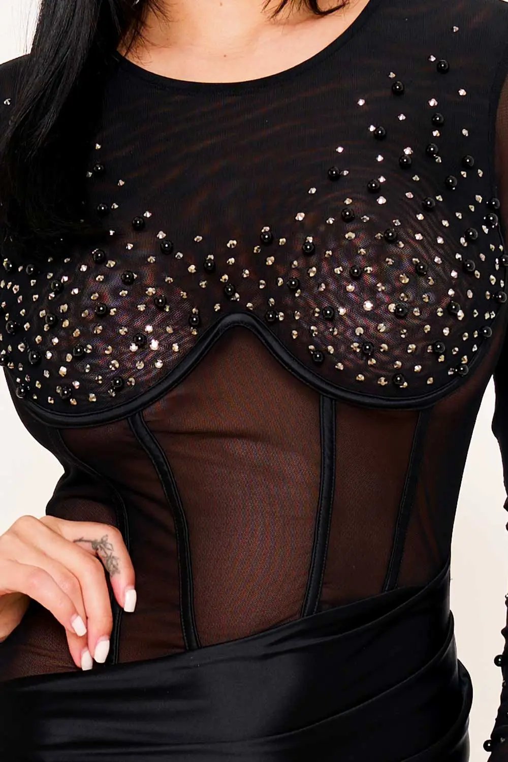 Satin Maxi Dress – Corset Bodice Evening Gown With Sheer Sleeves BOUTINIE