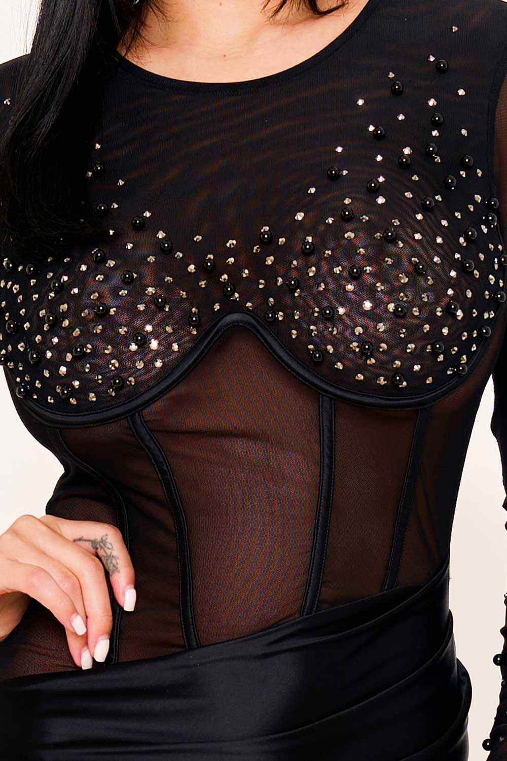 [open Packs] Rhinestone And Pearl Beads On Satin Maxi Dress