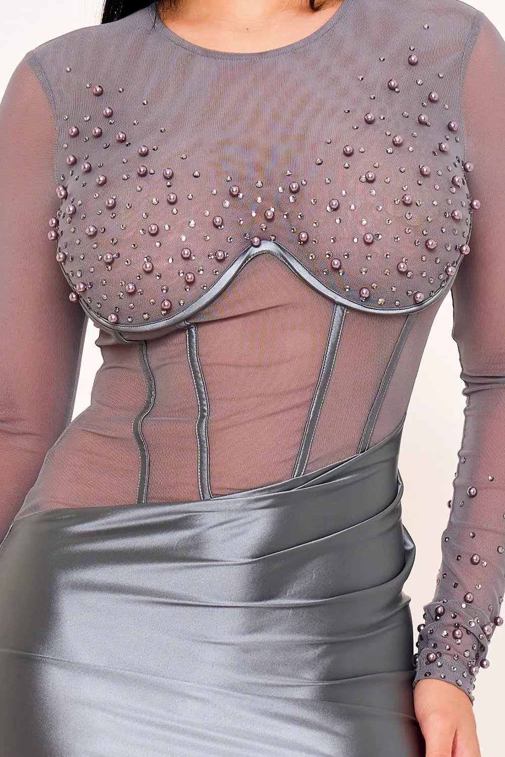 Satin Maxi Dress – Corset Bodice Evening Gown With Sheer Sleeves BOUTINIE