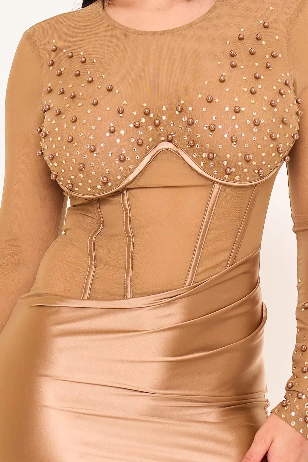 Satin Maxi Dress – Corset Bodice Evening Gown With Sheer Sleeves BOUTINIE