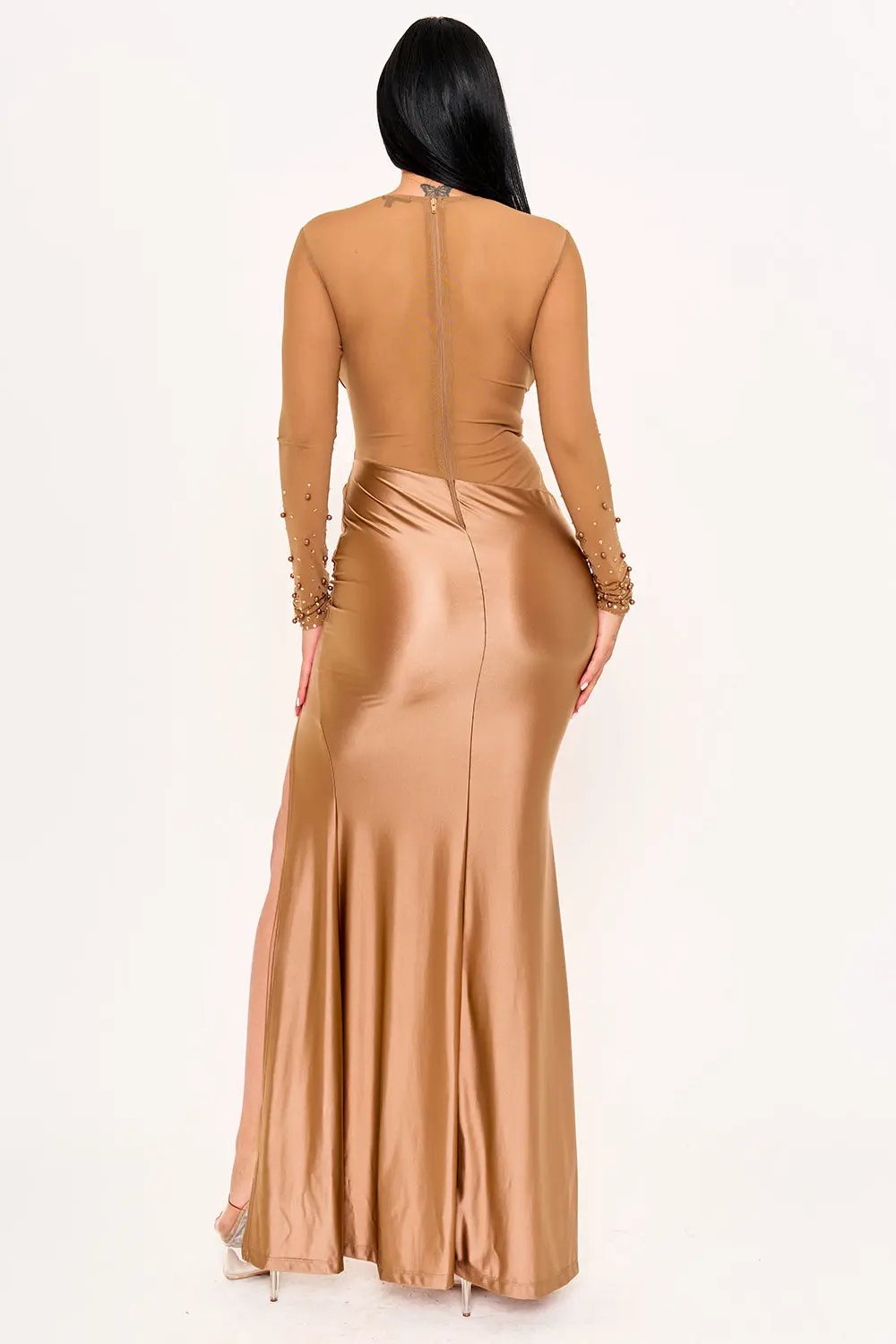 Satin Maxi Dress – Corset Bodice Evening Gown With Sheer Sleeves BOUTINIE