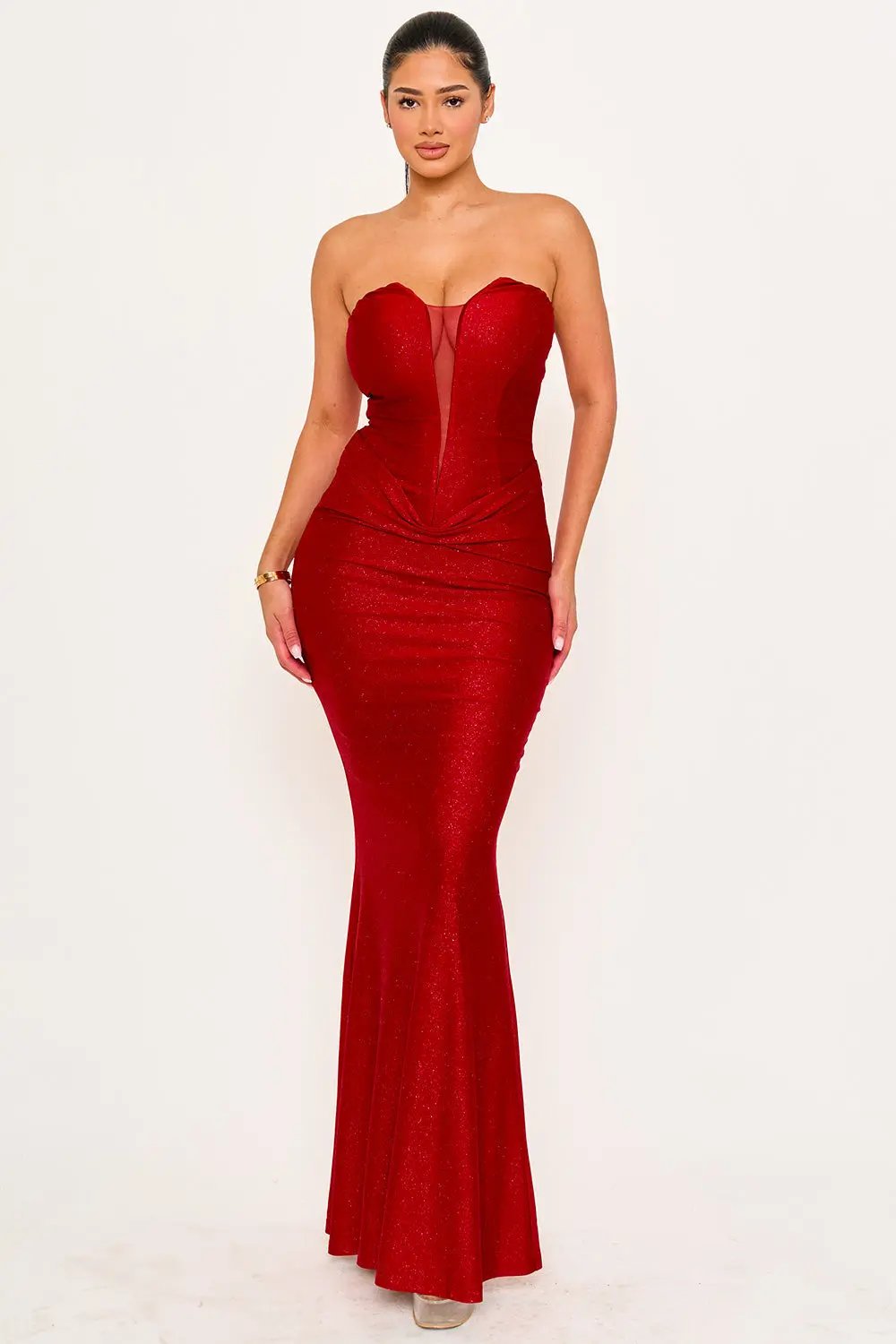 Mermaid Maxi Dress – Glitter Satin Tube Top Gown With Pleated Waist BOUTINIE