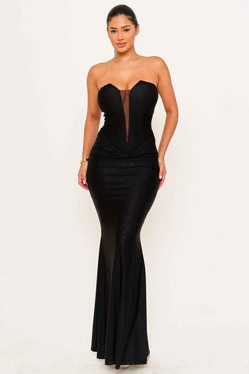 Glitter Satin Tube Top Mermaid Maxi Dress – Black | Boutinie