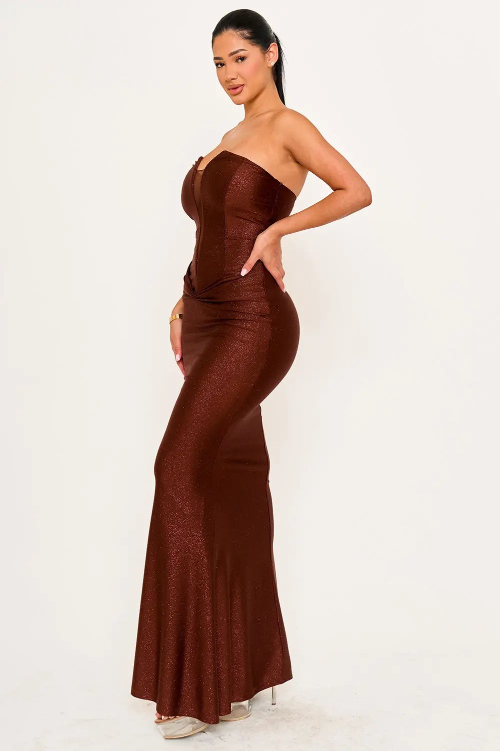 Mermaid Maxi Dress – Glitter Satin Tube Top Gown With Pleated Waist BOUTINIE