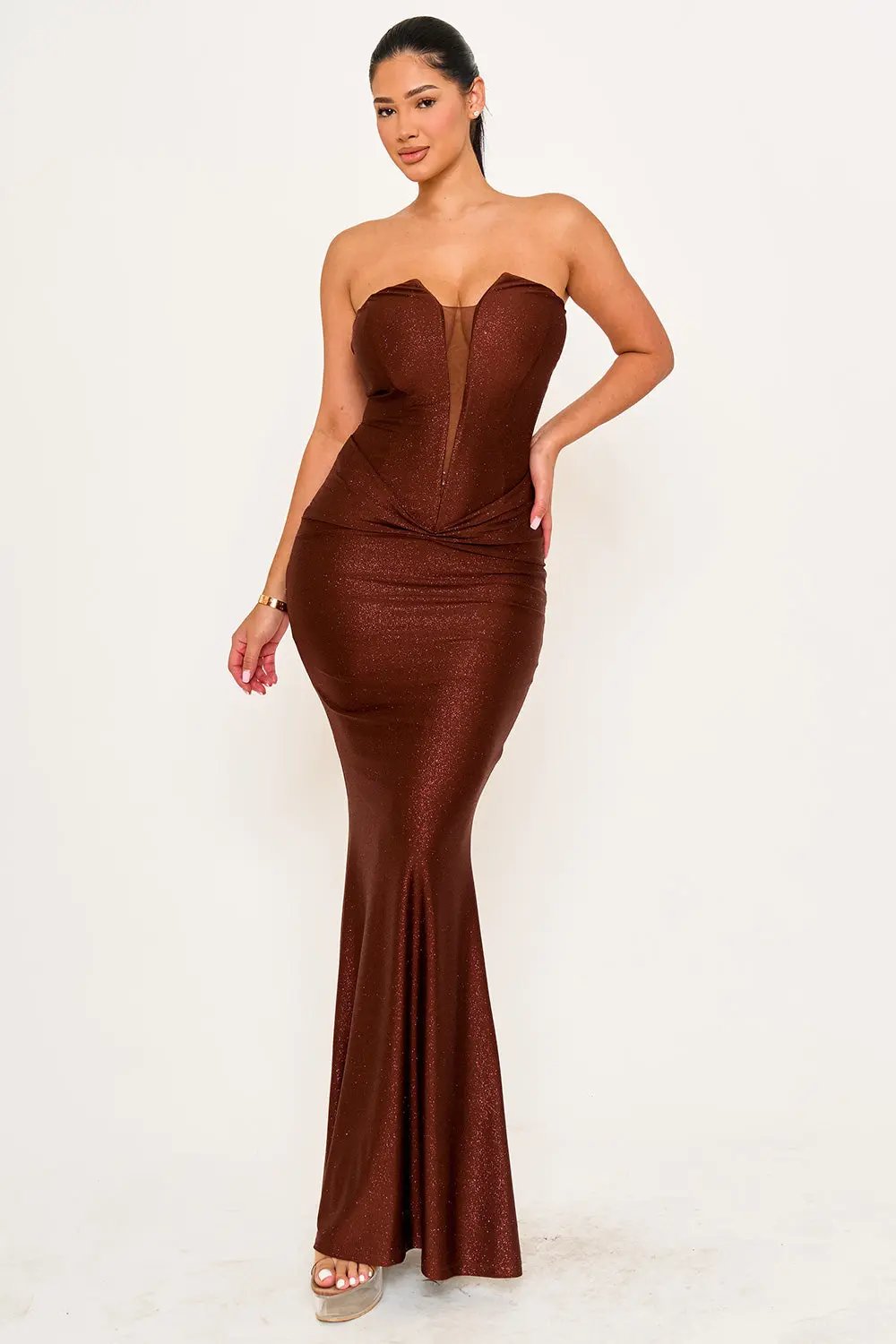 Mermaid Maxi Dress – Glitter Satin Tube Top Gown With Pleated Waist BOUTINIE
