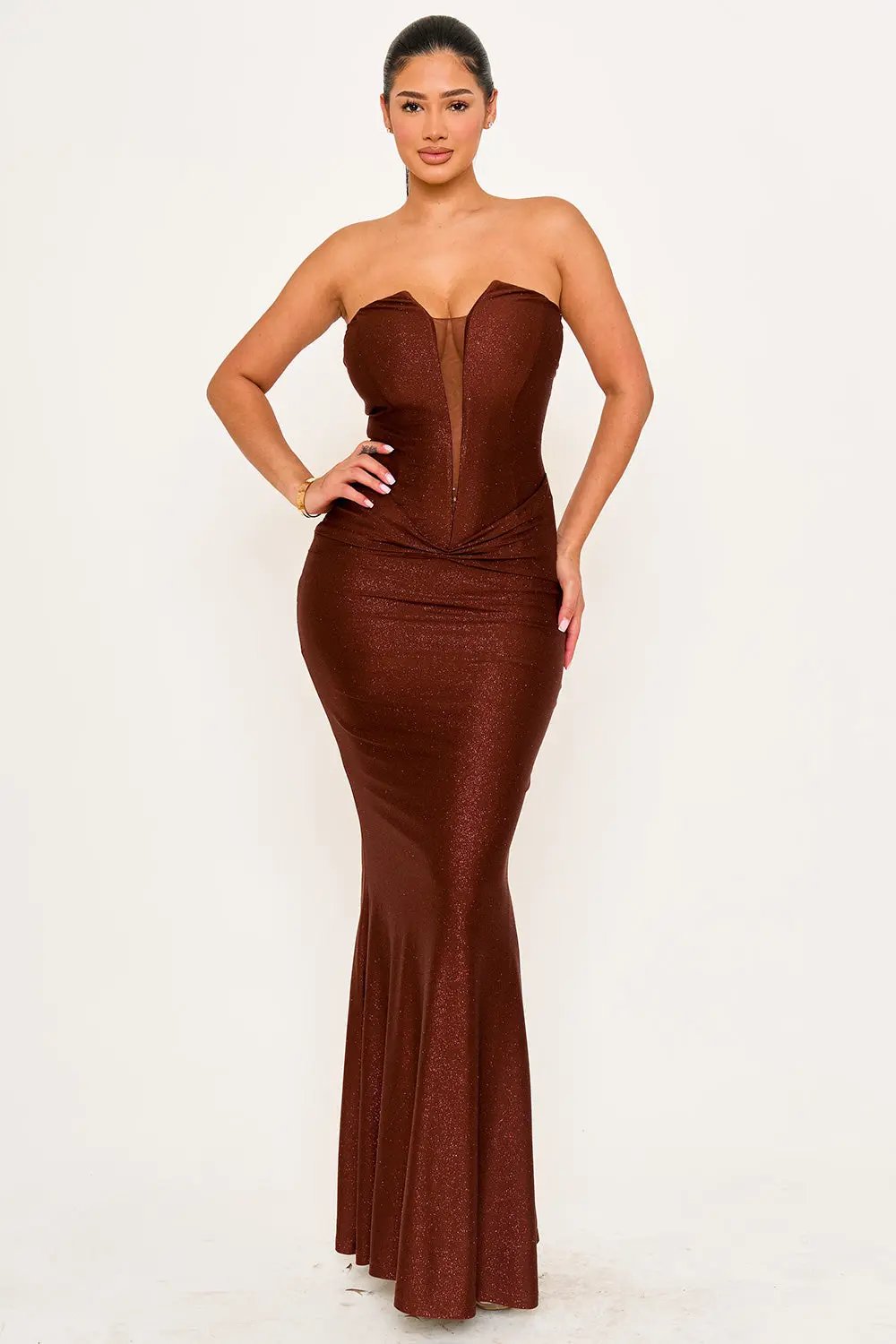 Mermaid Maxi Dress – Glitter Satin Tube Top Gown With Pleated Waist BOUTINIE