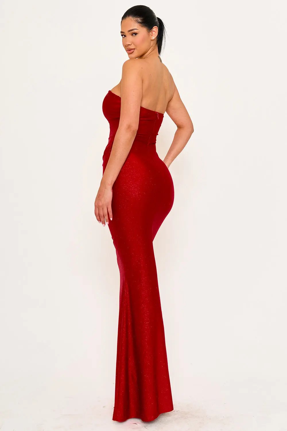 Mermaid Maxi Dress – Glitter Satin Tube Top Gown With Pleated Waist BOUTINIE