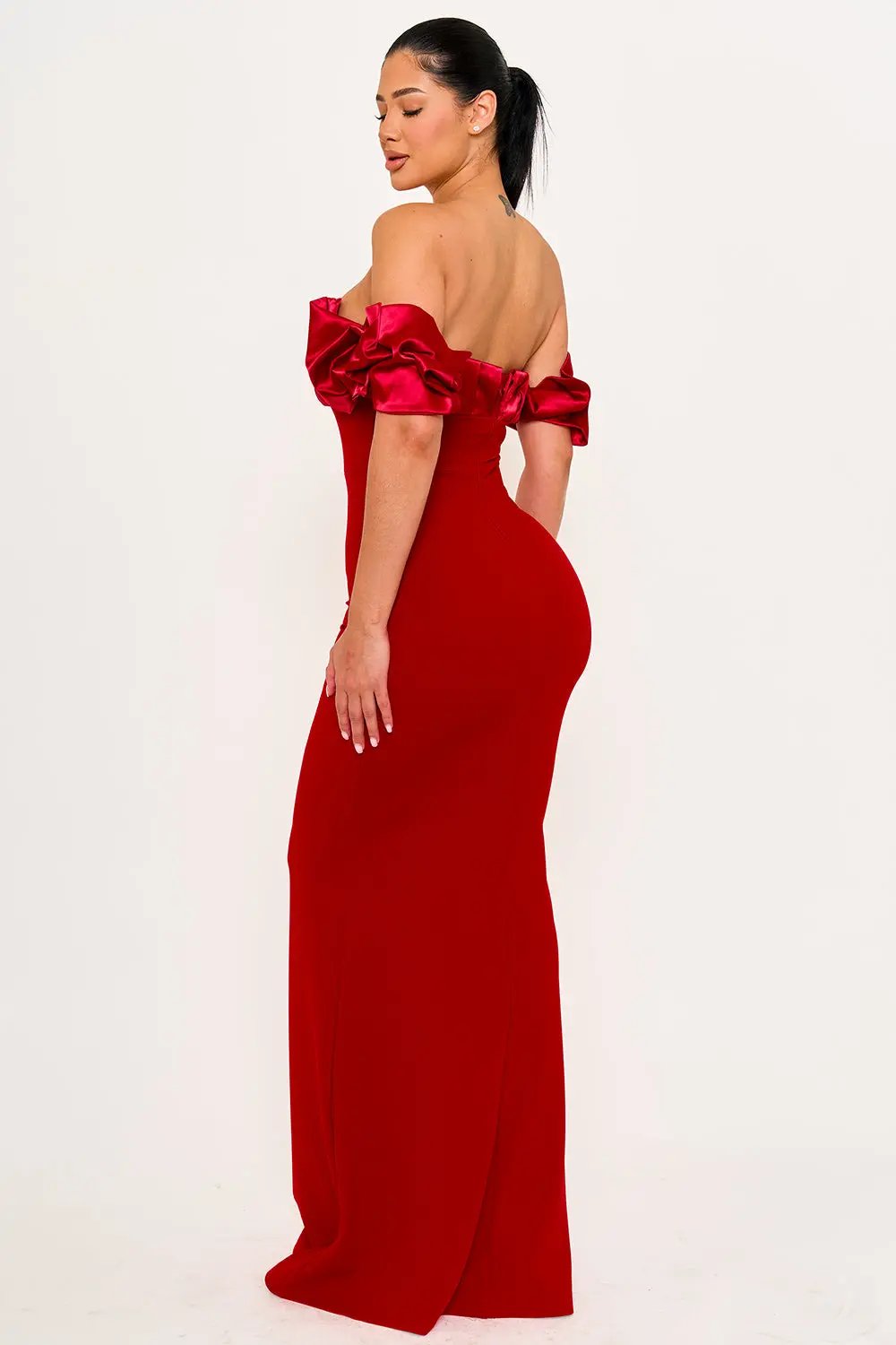 Satin Ruffle Maxi Dress - Techno Crepe Evening Gown With Mermaid Hem BOUTINIE