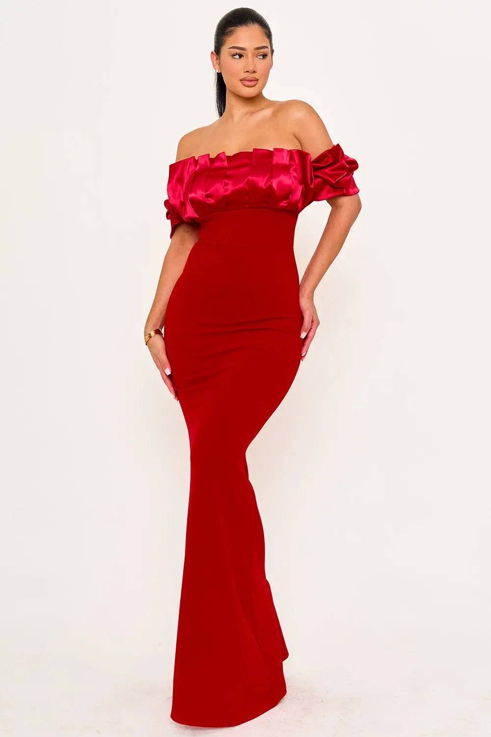 Satin Ruffle Maxi Dress - Techno Crepe Evening Gown With Mermaid Hem BOUTINIE