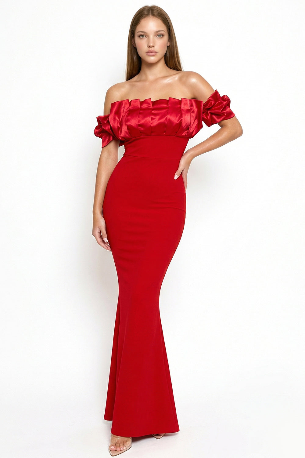 Red off-shoulder mermaid evening gown with a satin ruffled neckline and fitted silhouette from Boutinie.