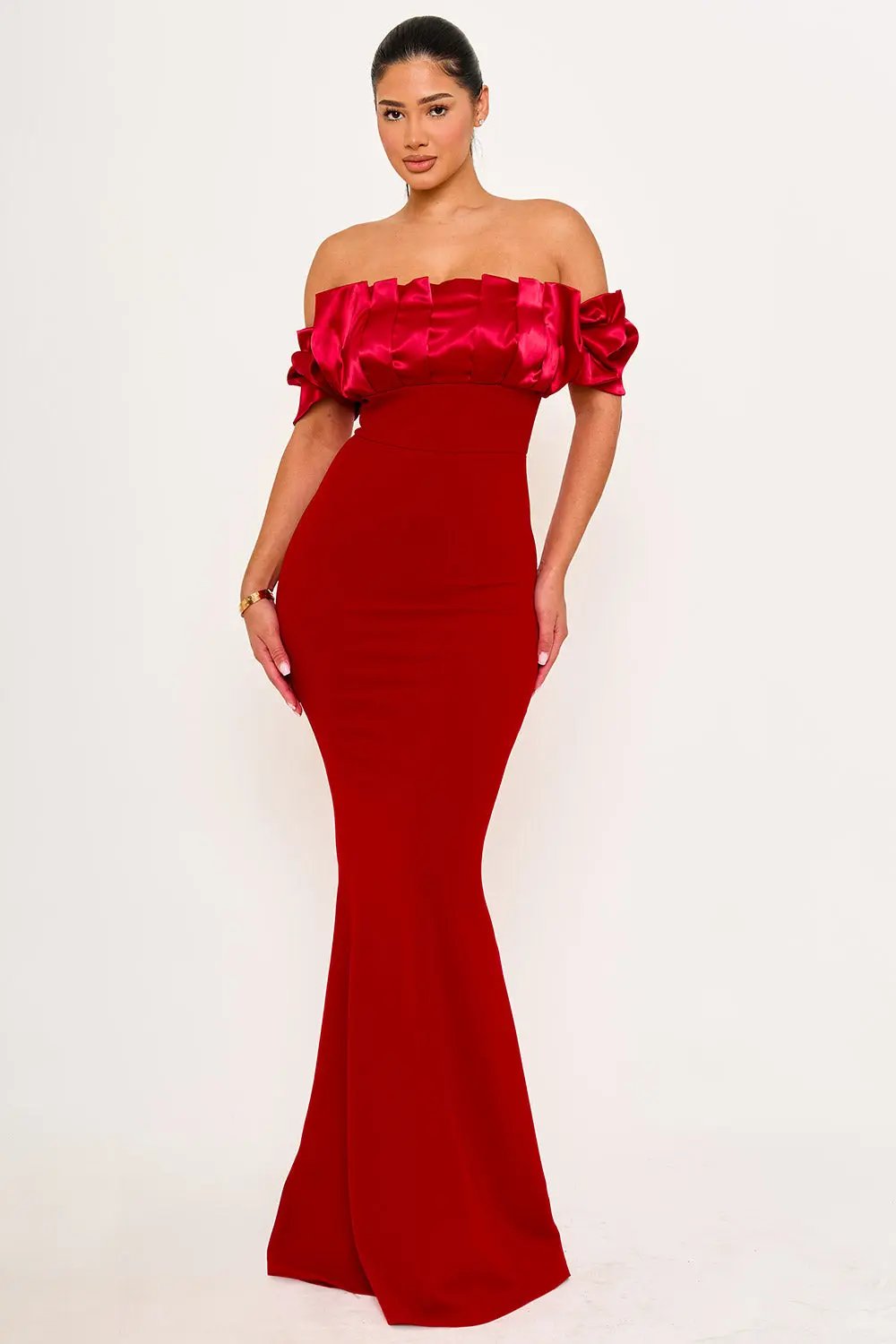 Satin Ruffle Maxi Dress - Techno Crepe Evening Gown With Mermaid Hem BOUTINIE