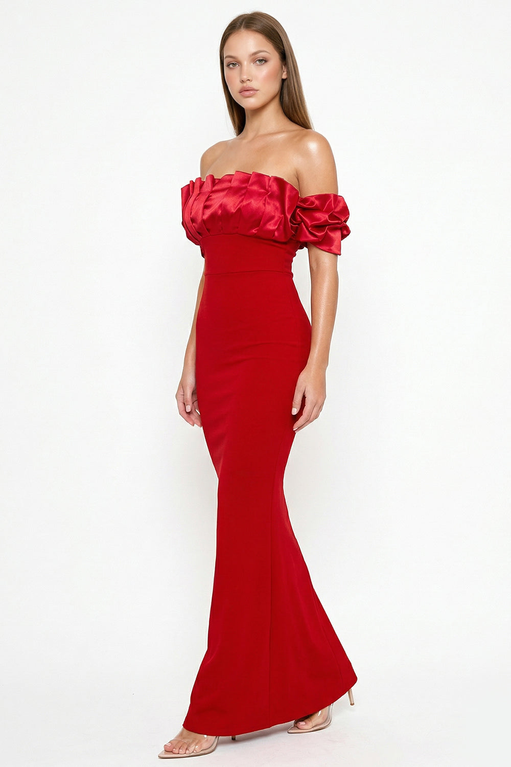 Red off-shoulder formal maxi dress with ruffled bodice and fitted silhouette for elegant evening wear by Boutinie.
