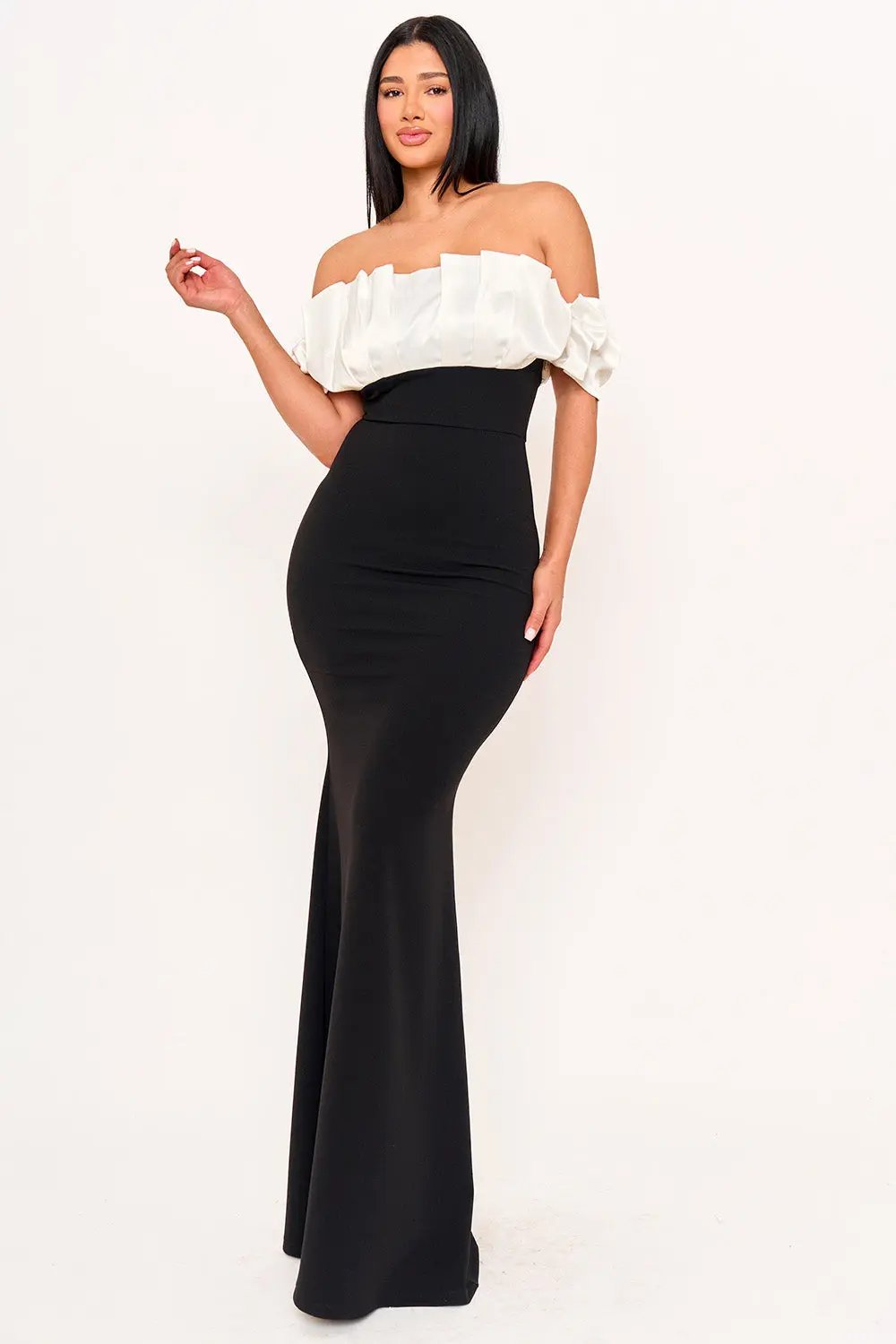 Satin Ruffle Maxi Dress - Techno Crepe Evening Gown With Mermaid Hem BOUTINIE