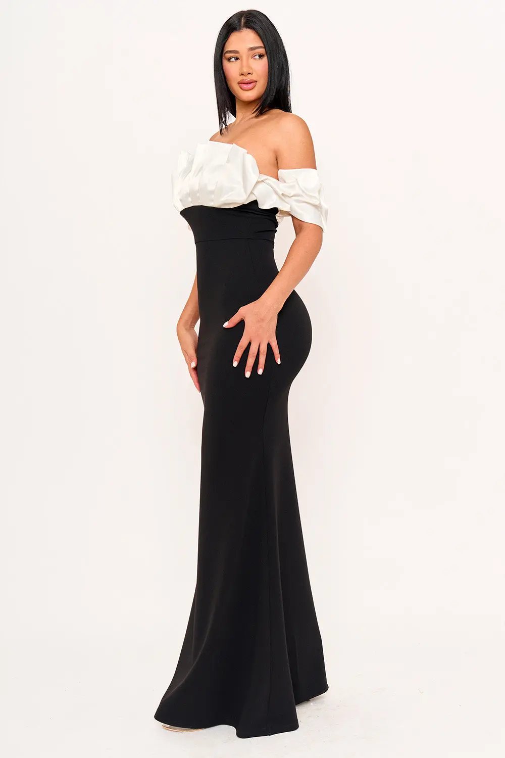 Satin Ruffle Maxi Dress - Techno Crepe Evening Gown With Mermaid Hem BOUTINIE