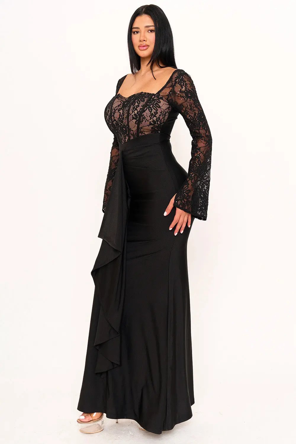 Satin Lace Maxi Dress – Mermaid Silhouette Evening Gown BOUTINIE
