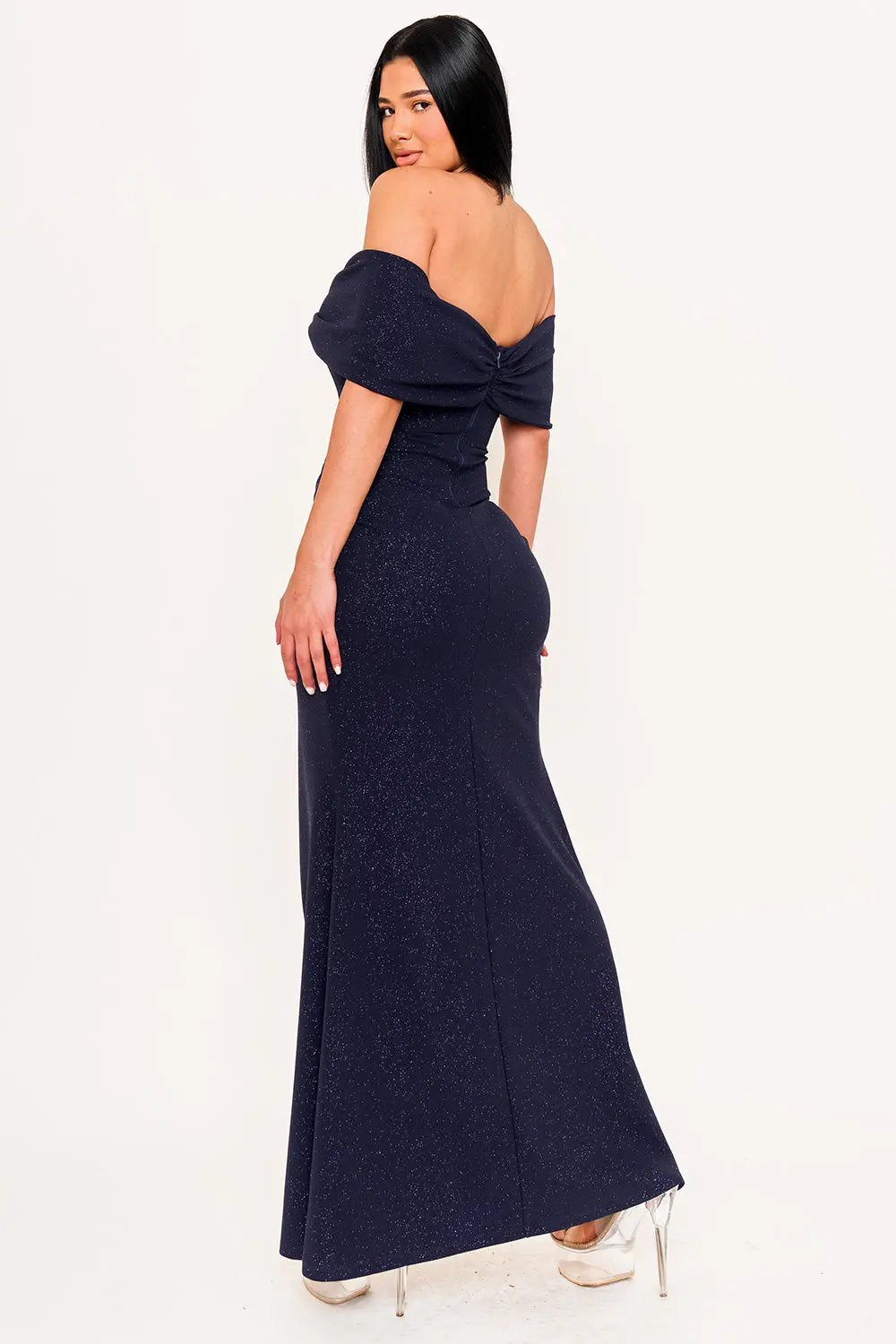 Off Shoulder Maxi Dress - Glitter Bow Front Pleated Waist BOUTINIE
