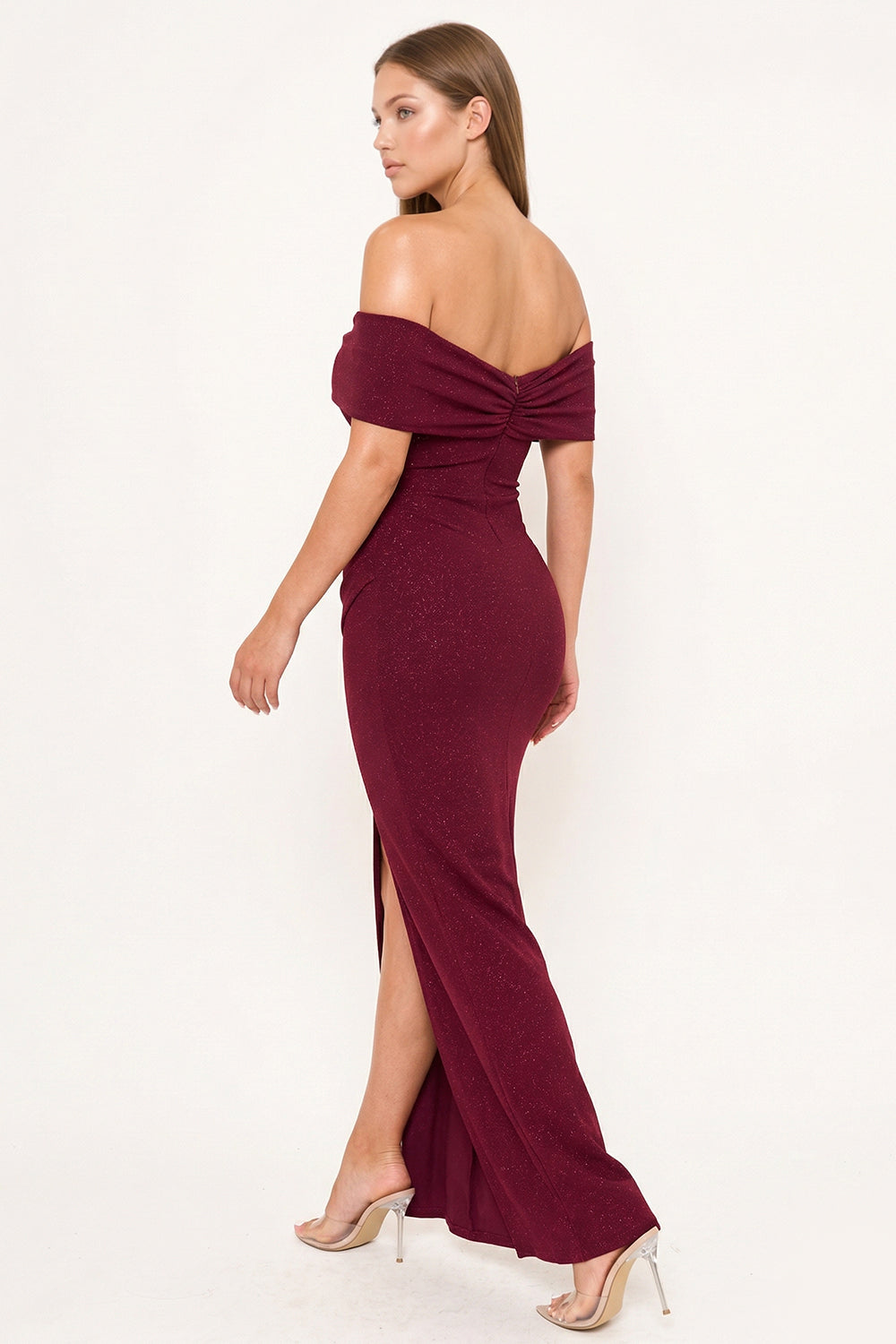 Boutinie burgundy glitter off-shoulder maxi gown with side slit, perfect for formal evening events.