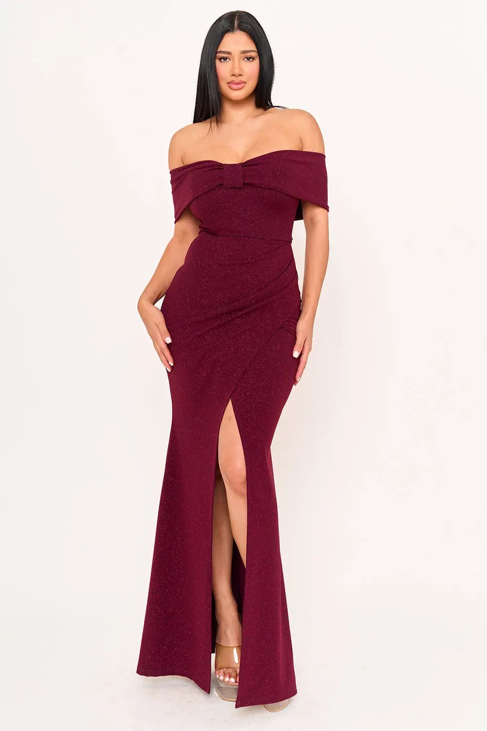Off Shoulder Maxi Dress - Glitter Bow Front Pleated Waist BOUTINIE