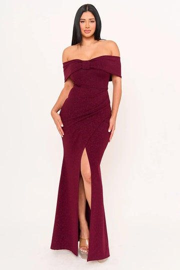 Off Shoulder Maxi Dress - Glitter Bow Front Pleated Waist BOUTINIE