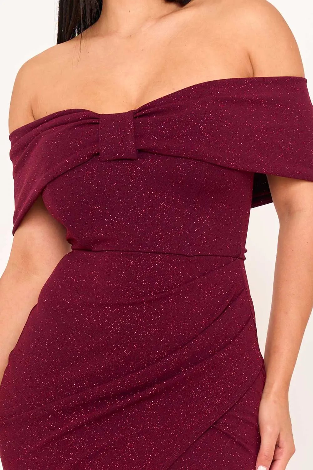 Off Shoulder Maxi Dress - Glitter Bow Front Pleated Waist BOUTINIE