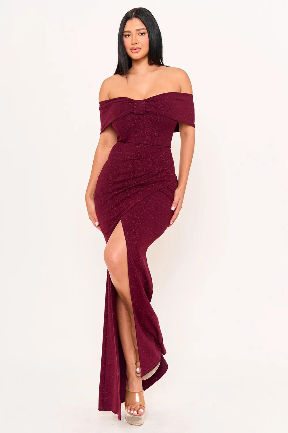 Off Shoulder Maxi Dress - Glitter Bow Front Pleated Waist BOUTINIE