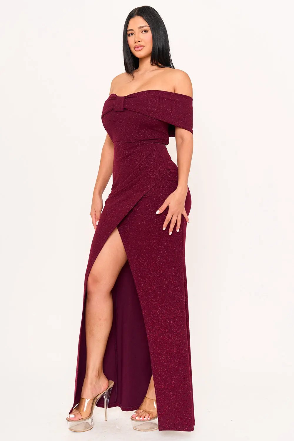 Off Shoulder Maxi Dress - Glitter Bow Front Pleated Waist BOUTINIE