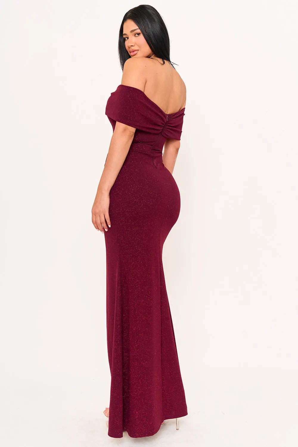 Off Shoulder Maxi Dress - Glitter Bow Front Pleated Waist BOUTINIE