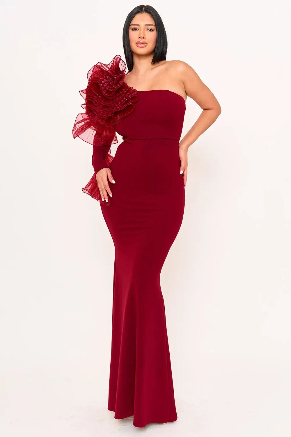 Pleated Ruffle Maxi Dress - One Shoulder Mermaid Gown With Zipper Back Closure BOUTINIE