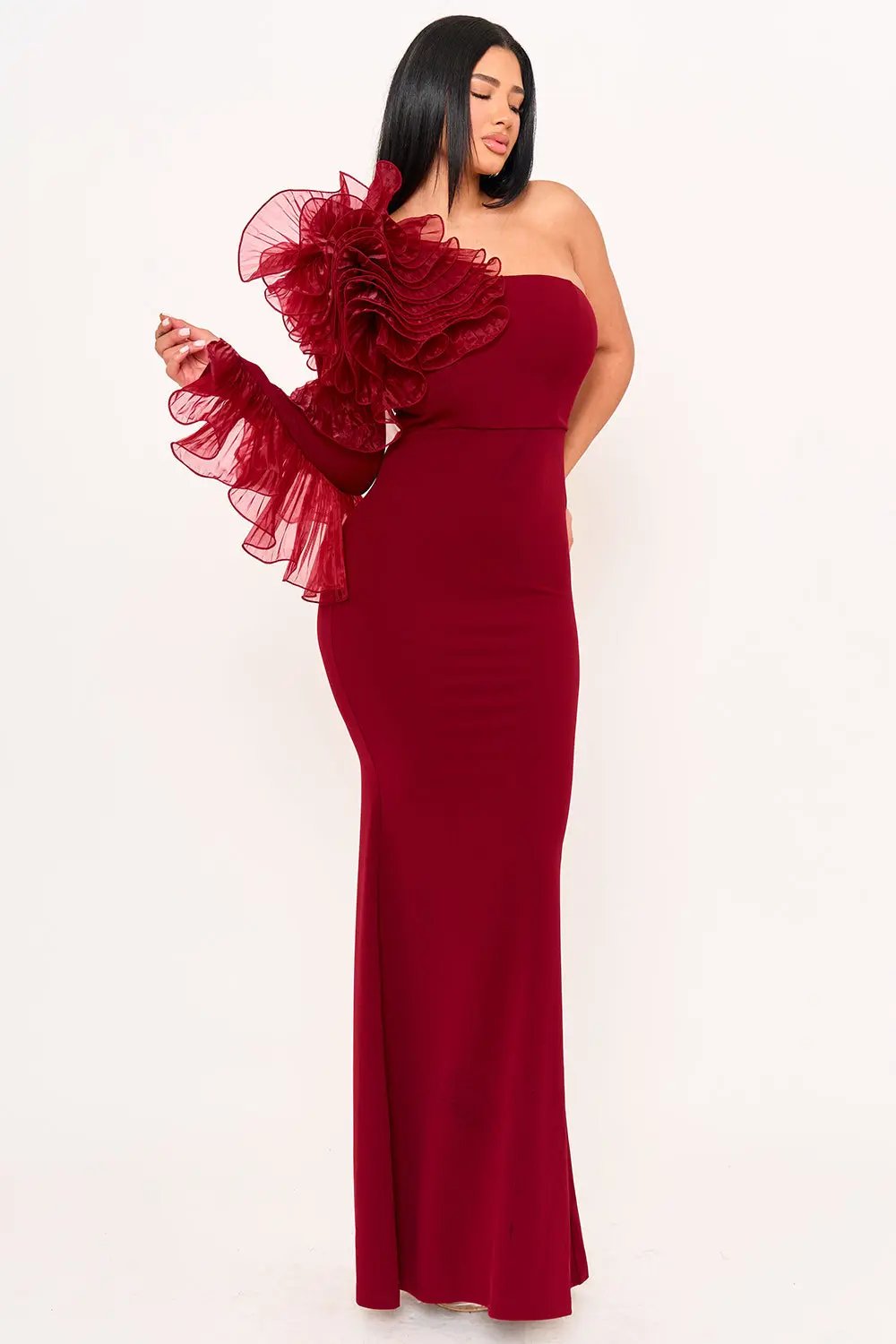 Pleated Ruffle Maxi Dress - One Shoulder Mermaid Gown With Zipper Back Closure BOUTINIE