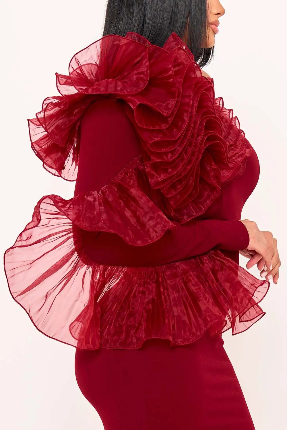 Pleated Ruffle Maxi Dress - One Shoulder Mermaid Gown With Zipper Back Closure BOUTINIE