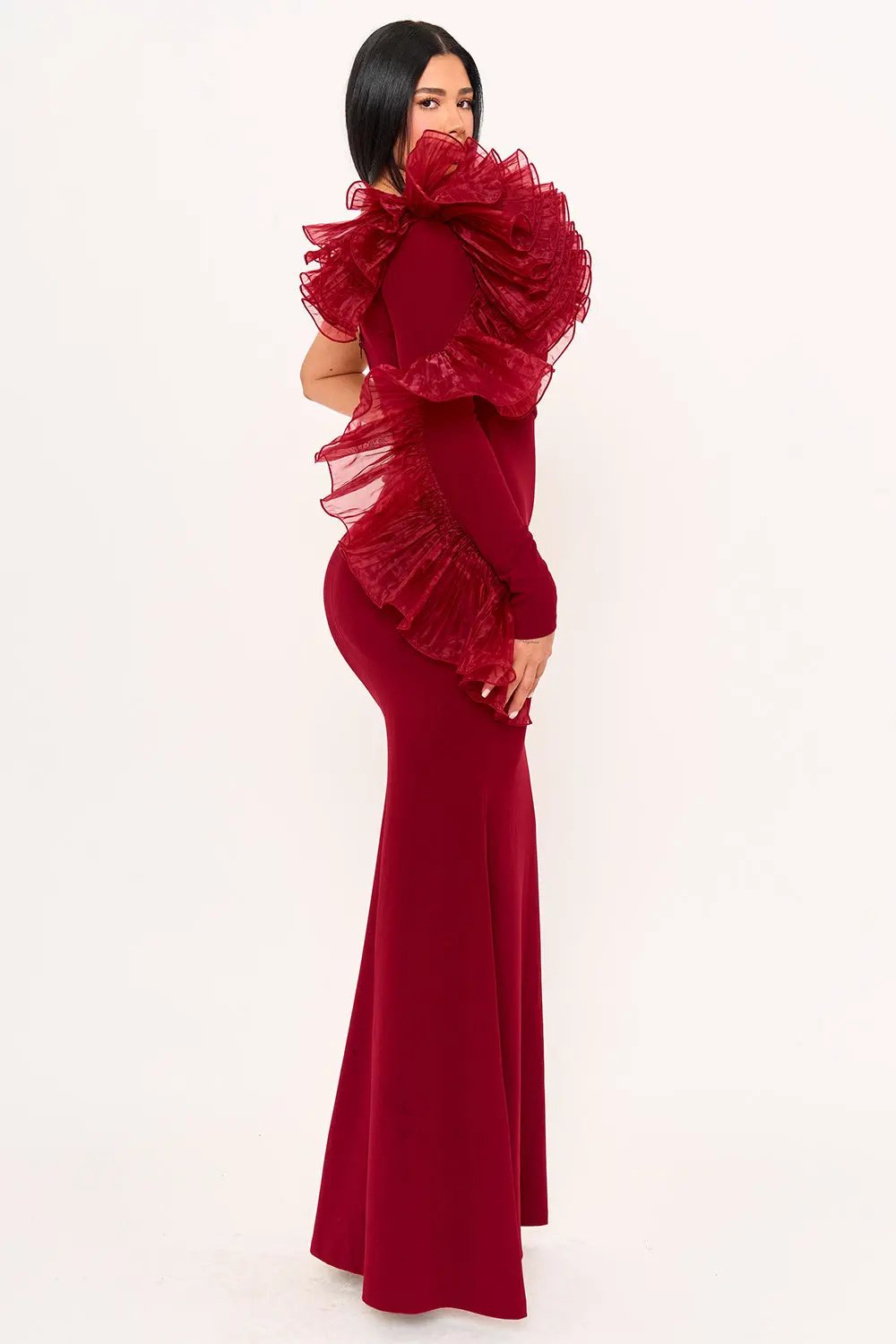 Pleated Ruffle Maxi Dress - One Shoulder Mermaid Gown With Zipper Back Closure BOUTINIE