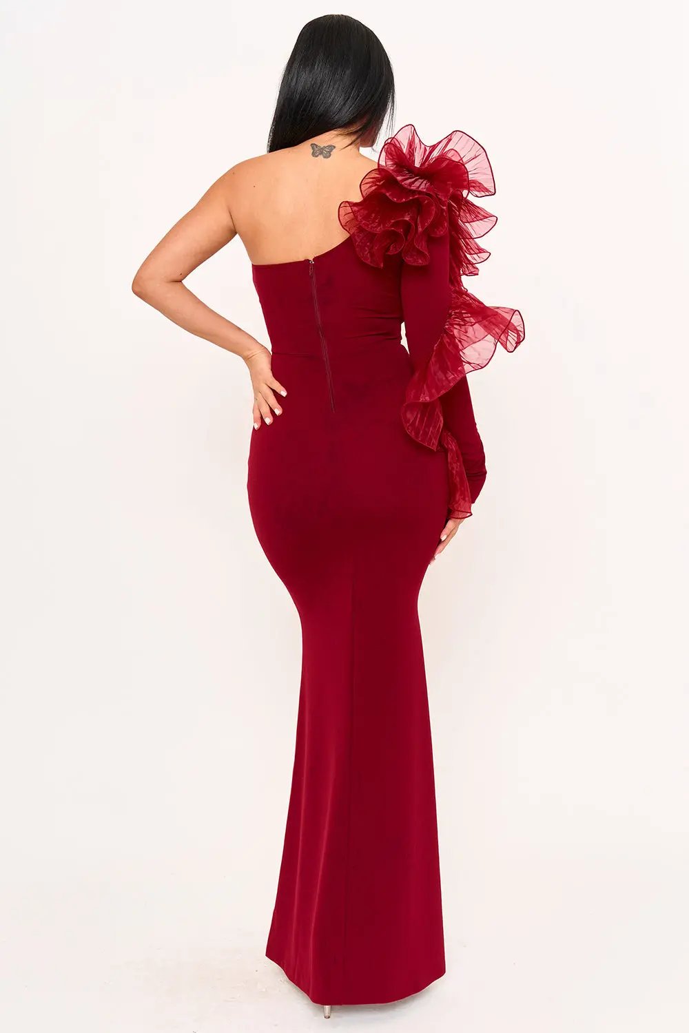 Pleated Ruffle Maxi Dress - One Shoulder Mermaid Gown With Zipper Back Closure BOUTINIE