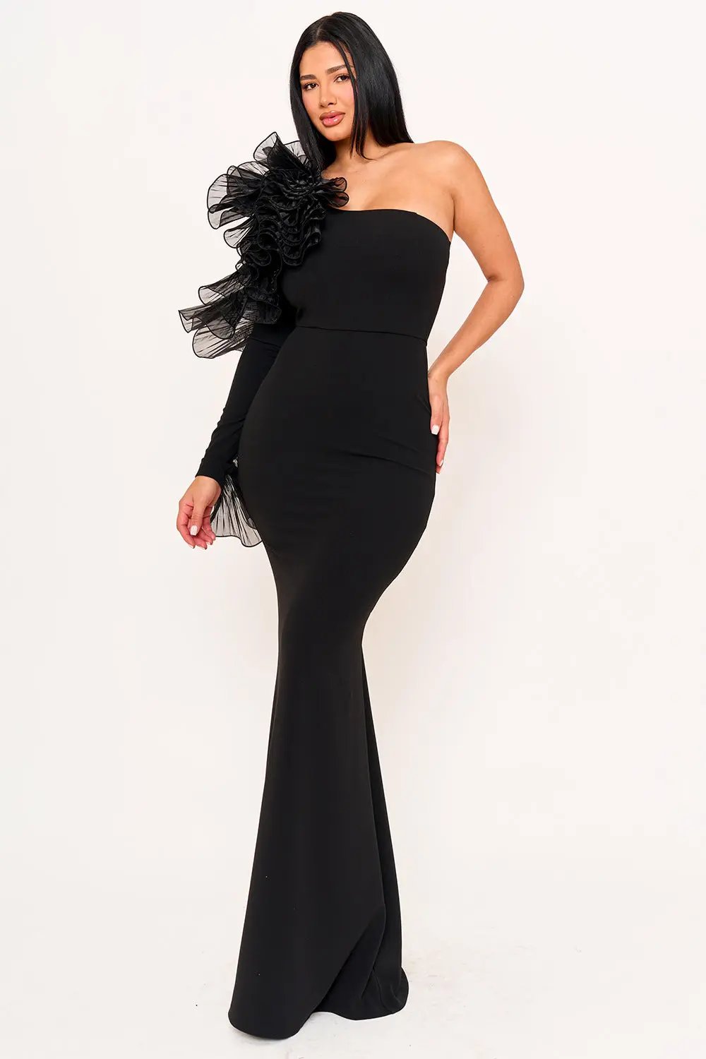 Pleated Ruffle Maxi Dress - One Shoulder Mermaid Gown With Zipper Back Closure BOUTINIE