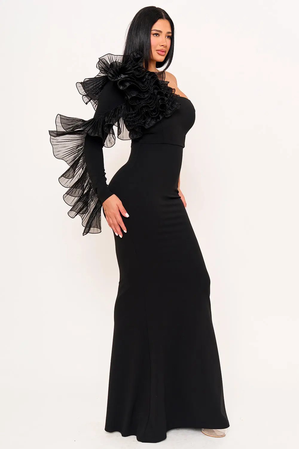 Pleated Ruffle Maxi Dress - One Shoulder Mermaid Gown With Zipper Back Closure BOUTINIE