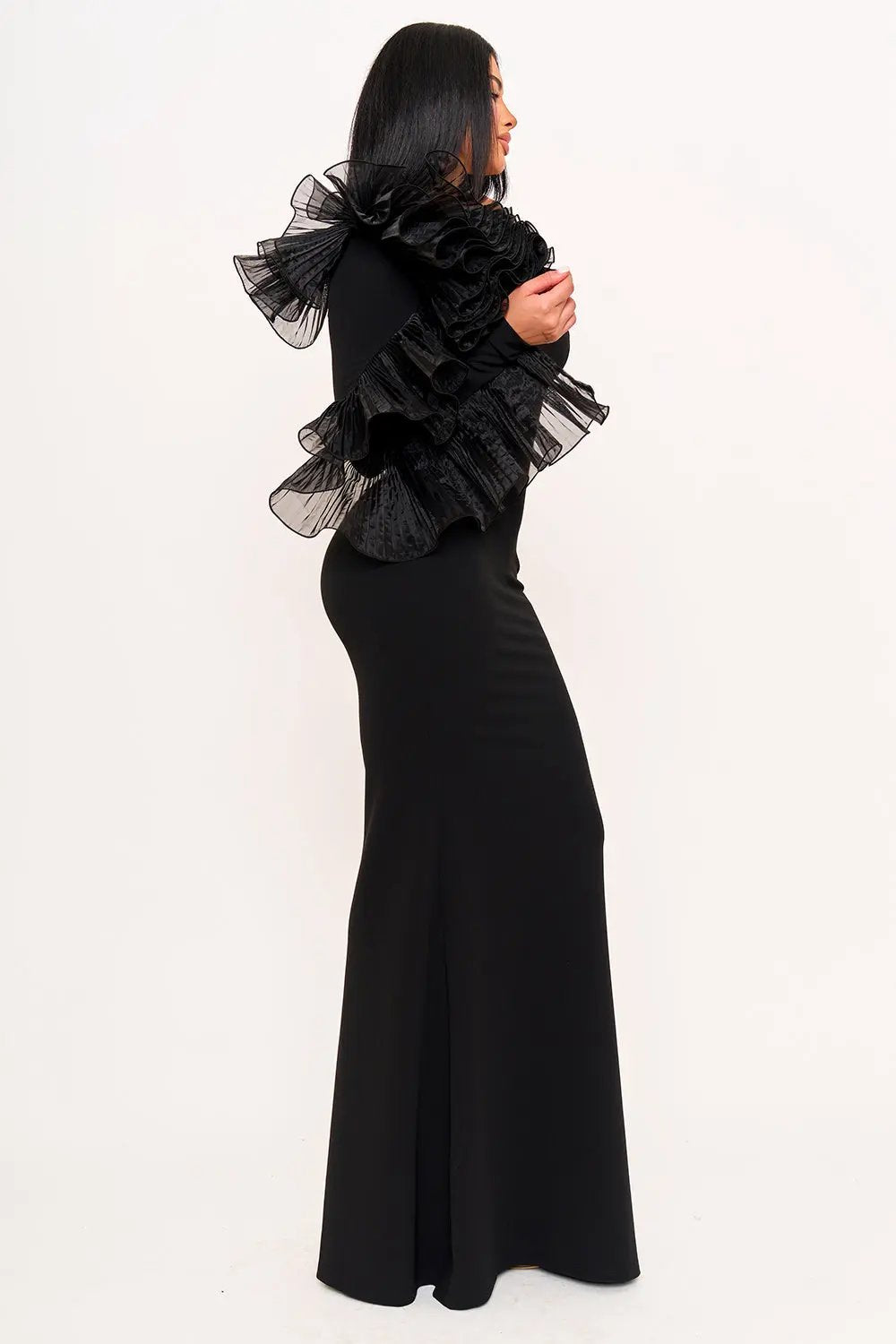 Pleated Ruffle Maxi Dress - One Shoulder Mermaid Gown With Zipper Back Closure BOUTINIE