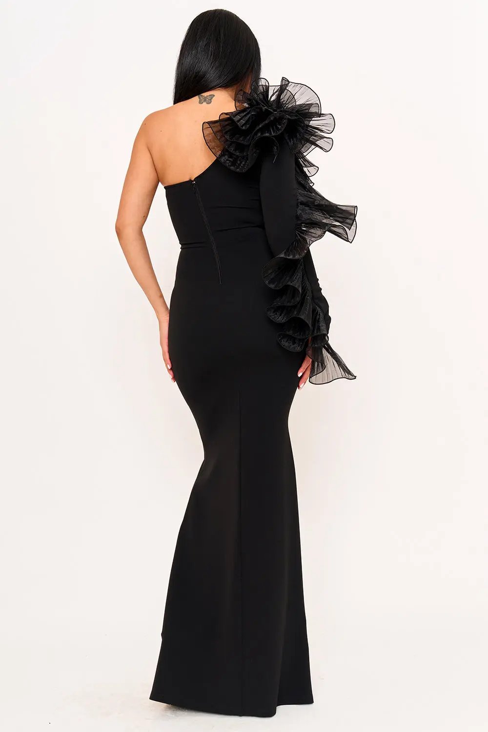 Pleated Ruffle Maxi Dress - One Shoulder Mermaid Gown With Zipper Back Closure BOUTINIE